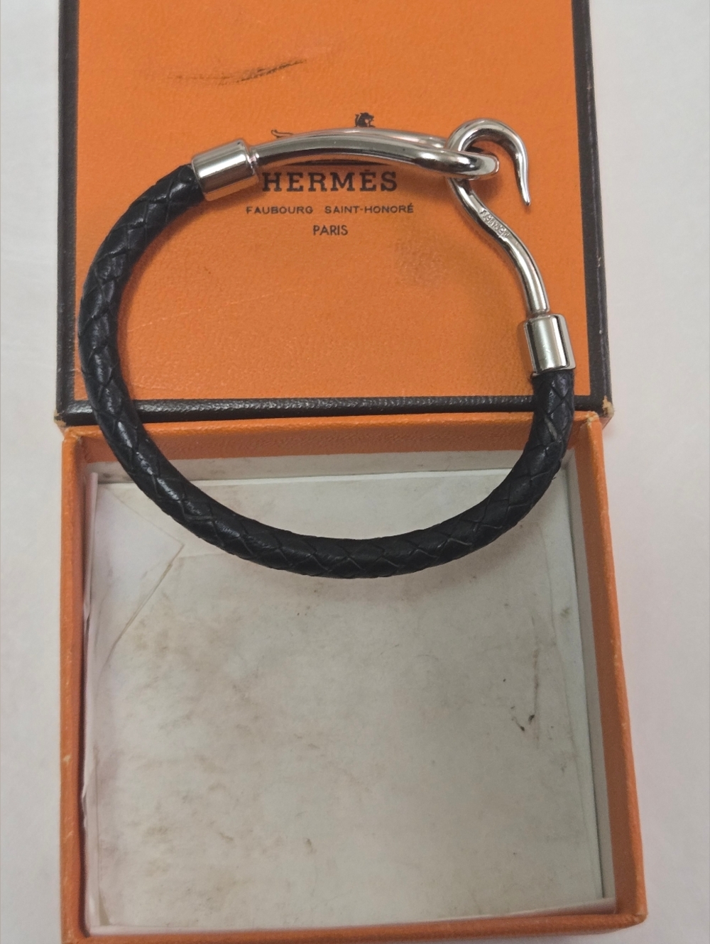 Hermès Black Braided Leather Bracelet with Silver Hook